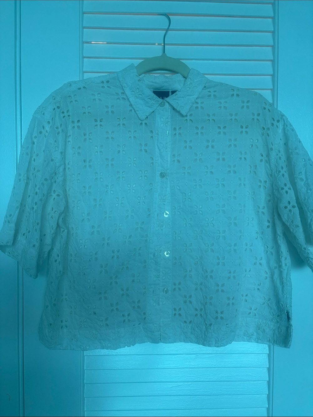 Eyelet Button-Front Short Sleeve Shirt - White